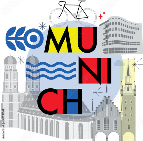 Typography word “Munich” branding technology concept. Collection of flat vector web icons. Culture travel set, famous architectures, specialties detailed silhouette. German famous landmark