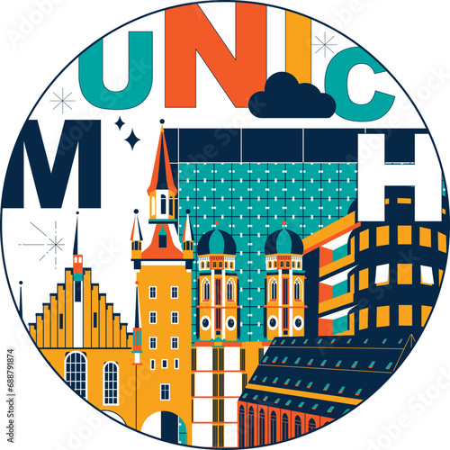 Typography word “Munich” branding technology concept. Collection of flat vector web icons. Culture travel set, famous architectures, specialties detailed silhouette. German famous landmark