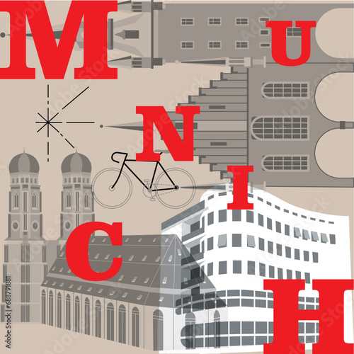 Typography word “Munich” branding technology concept. Collection of flat vector web icons. Culture travel set, famous architectures, specialties detailed silhouette. German famous landmark