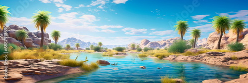 Peaceful scenes in arid deserts with oasis-like palm groves and refreshing water.