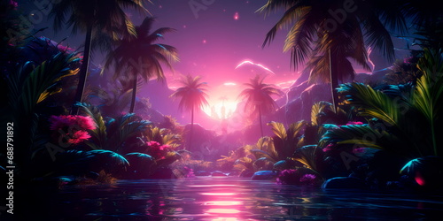 Neon Shadows of the Tropics play of light and shadows within a neon-lit tropical landscape