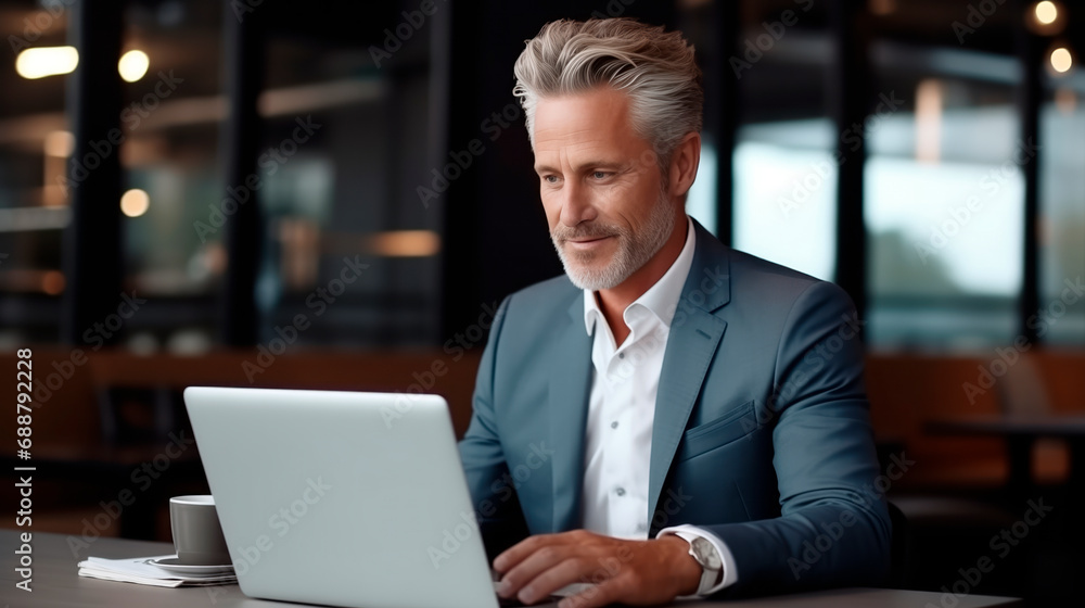 Handsome mature businessman with grey hair and formal suit working on laptop in office