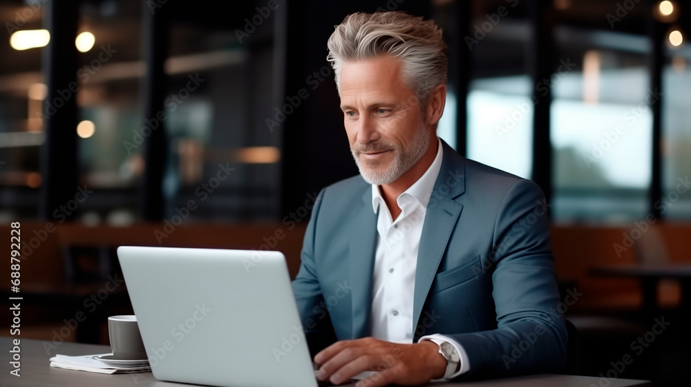 Handsome mature businessman with grey hair and formal suit working on laptop in office Handsome mature businessman with grey hair and formal suit working on laptop in office