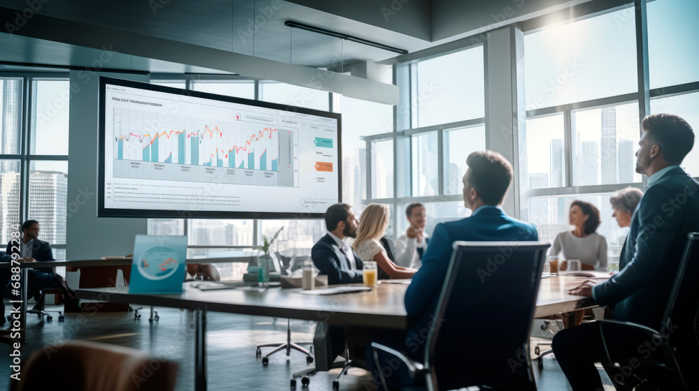 Business meeting in the wide modern office with stock infographics