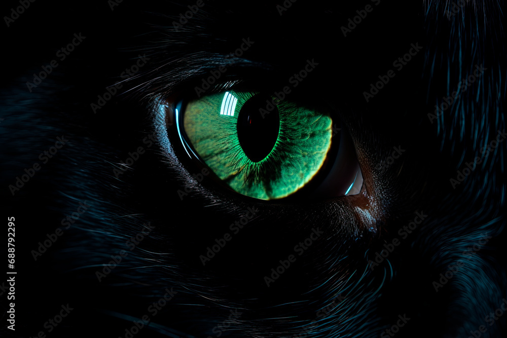 Black green-eyed witch cat. Generative AI