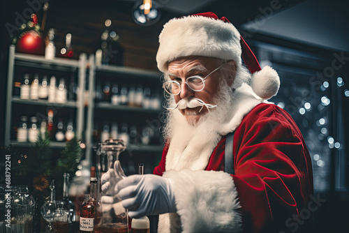Scientist Santa Claus, Father Christmas, Saint Nicholas, Saint Nick, Kris Kringle, chemistry lab, experiements in a lab coat, red suit and hat