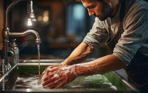 zoom de manos de un migrante latino lavando platos en una cocina de restaurante photo