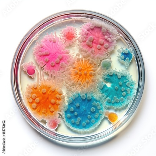 Color Bacteria Culture in a Petri Dish, Microorganisms, Petri Dish and Culture Media with Bacteria photo