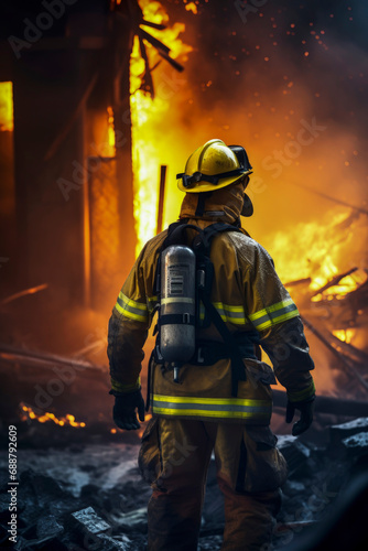 Generative AI image of a firefighter at a blaze scene