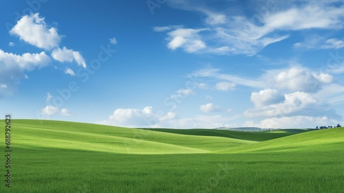 the green fields of the countryside under a blue sky © Amena