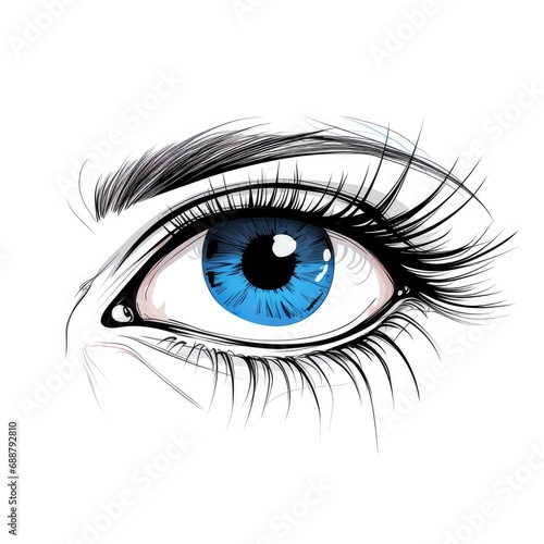 Blue Eye with Thick Lashes, Hand Drawing, Fashion, Beauty Sketch, Staring Human, Facial, Iris,