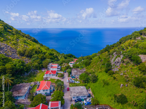 The bottom historic town center aerial view in Saba, Caribbean Netherlands.  photo