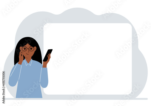 A woman looks at a mobile phone. Reads SMS, news or social networks. Large white sheet for text.