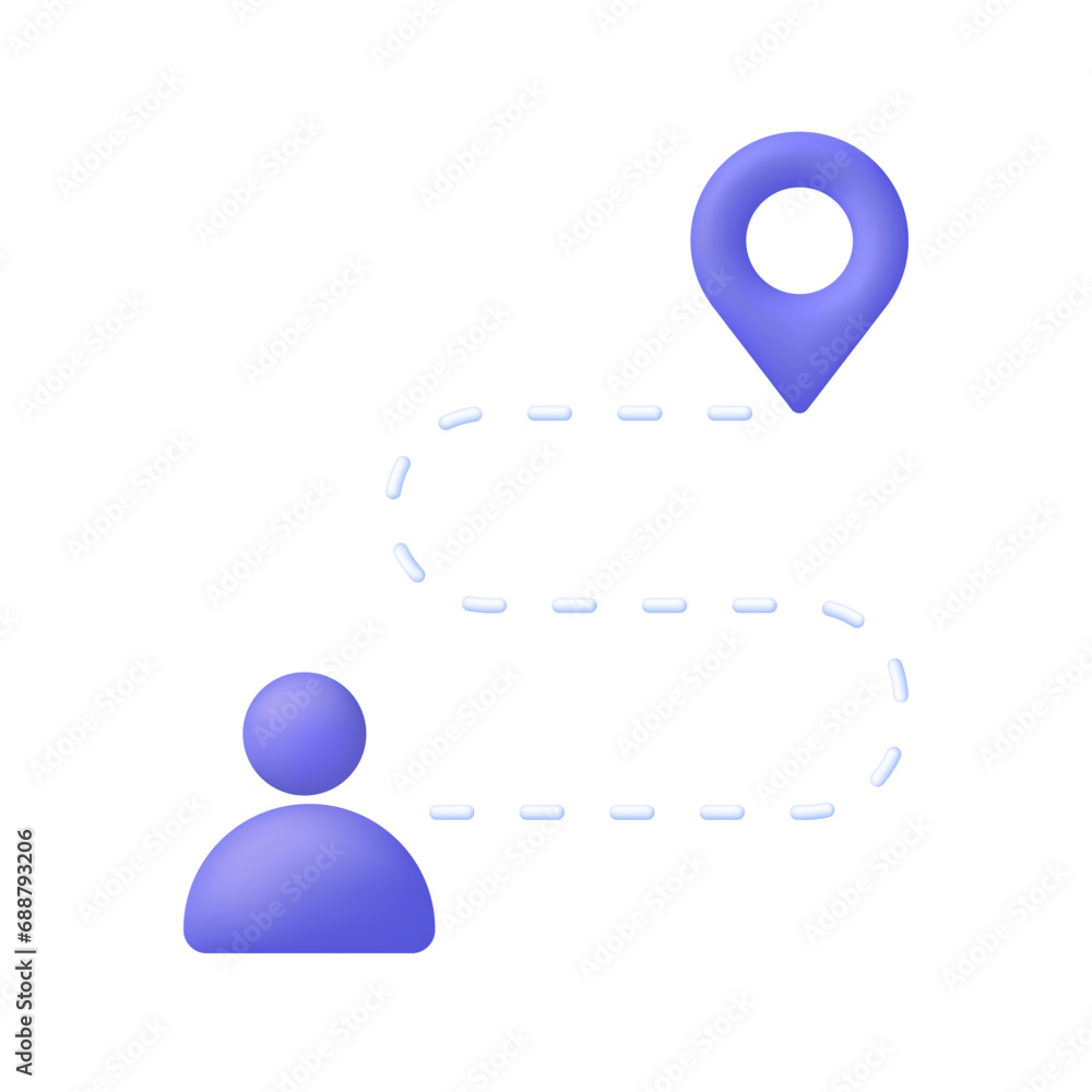 3D Position icon. Location pin with man icon. Route location line with pin icon. Concept of path or road. 3D Position icon. Location pin with man icon. Route location line with pin icon. Concept of path or road.