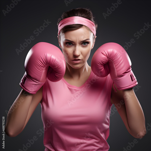 A female boxer wearing pink boxing gloves and a pink headband. A breast cancer awareness month concept.