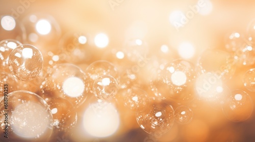 Bright golden champagne bubbles on blurred bokeh background photo