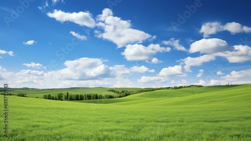 the green fields of the countryside under a blue sky