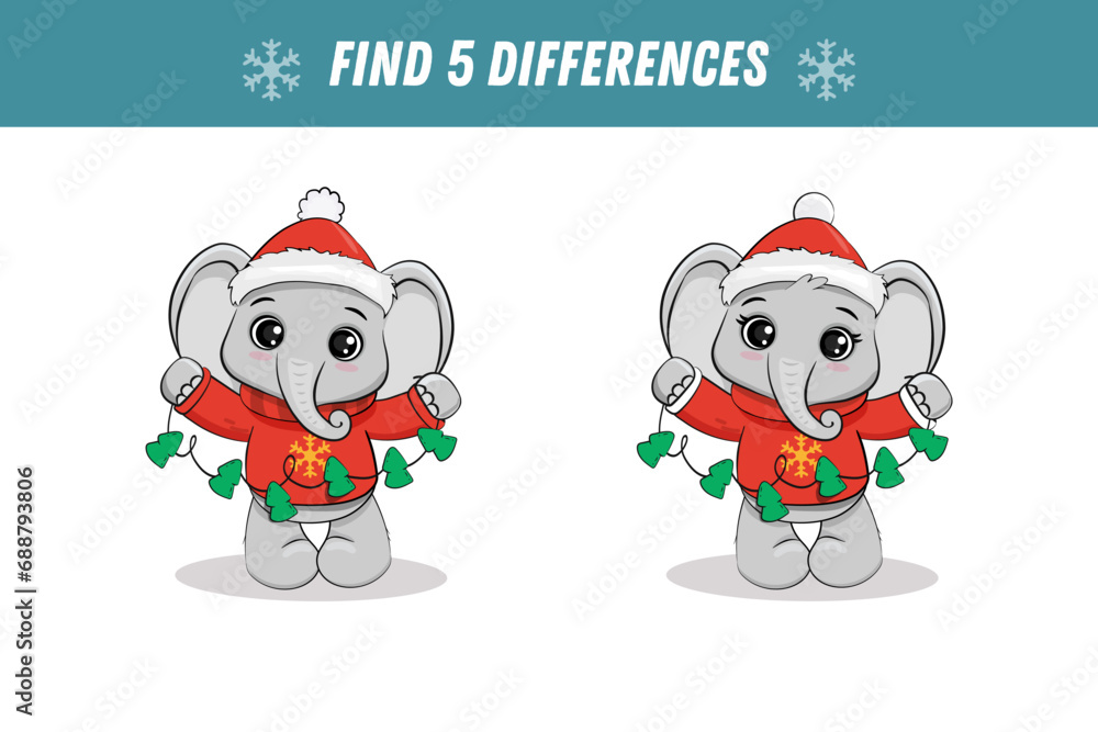 Find 5 differences between two pictures of cute elephant in santa hat. Cartoon elephant cub. Activity page. Christmas game. Xmas. Vector Find 5 differences between two pictures of cute elephant in santa hat. Cartoon elephant cub. Activity page. Christmas game. Xmas. Vector