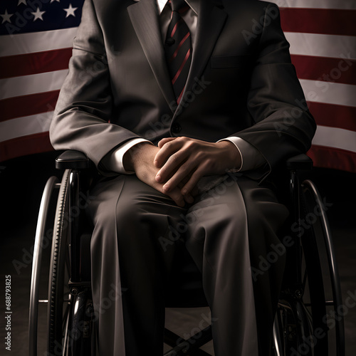 Businessman in a wheelchair with an American Flag behind him 