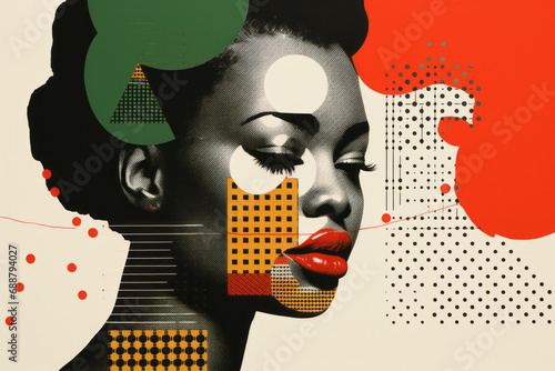 Black history month abstract portrait of a beautiful black woman, graphic shapes pan african colors