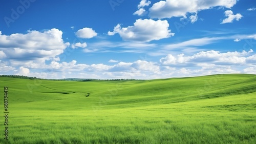 the green fields of the countryside under a blue sky