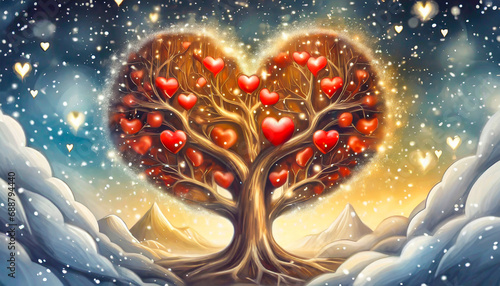Tree in the shape of heart, valentines day background with hearts