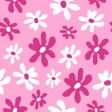 abstract modern seamless pattern. simple, cute pattern with daisy flowers, lines, dots. pink floral  surface design background. textiles, stationery, packaging paper, covers. art illustration. barbie 