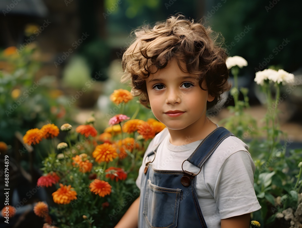 Curiosity and Confusion Displayed by a Boy in a Garden
