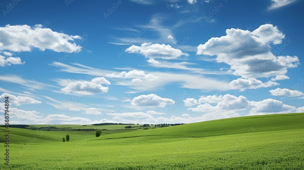 the green fields of the countryside under a blue sky