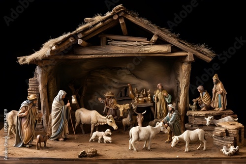 An image of a nativity scene with a wooden stable, a straw roof, and a star above it (Generative AI)