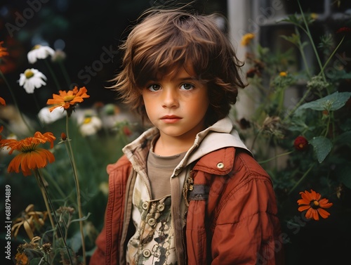 Unposed Photograph of a Boy Looking Bewildered in the Garden