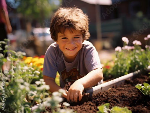 Joyful Garden Experience: Boy's Radiant Smile Captured