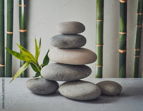 Rocas grisas pulidas apiladas con planta de bambú en un ambiente zen