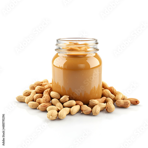 Jar of peanut butter surrounded by peanuts isolated with a white background 