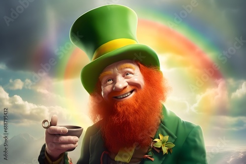 An image of a leprechaun with a green hat, a red beard, and a pipe (Generative AI)