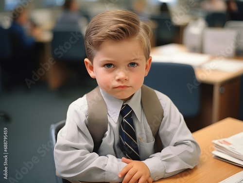 Unfiltered Office Emotion: Boy's Sombre Demeanor