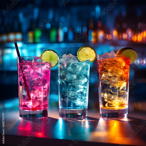 Three colorful cocktails on a bartop 