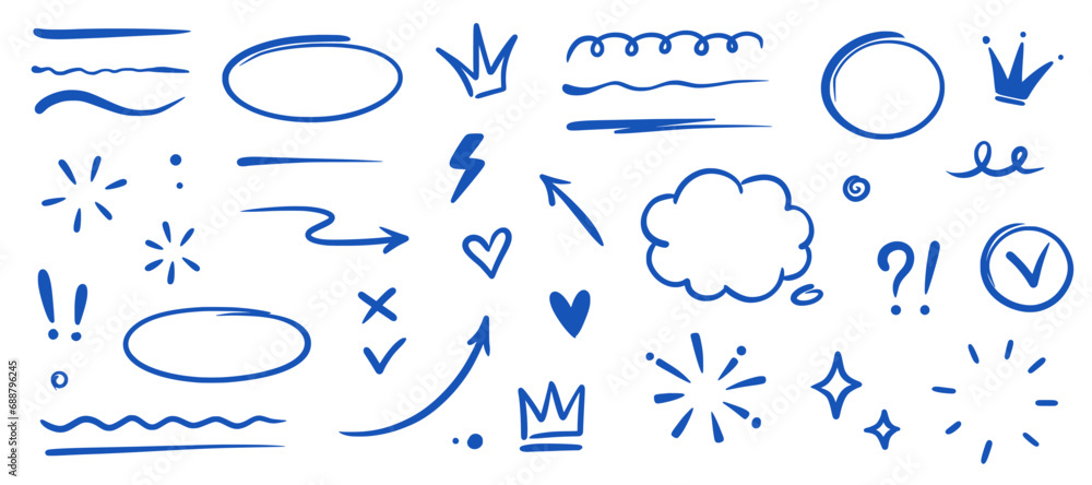 Hand drawn blue highlight, text underline, emphasis mark, line shape set. Hand drawn scribble arrow, love heart, speech bubble, crown element. Marker, pen brush stroke. Vector illustration - obrazy, fototapety, plakaty 