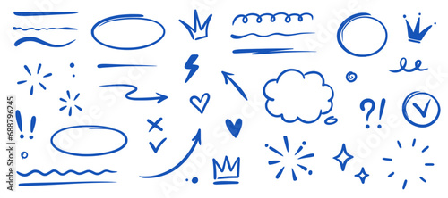 Hand drawn blue highlight, text underline, emphasis mark, line shape set. Hand drawn scribble arrow, love heart, speech bubble, crown element. Marker, pen brush stroke. Vector illustration photo