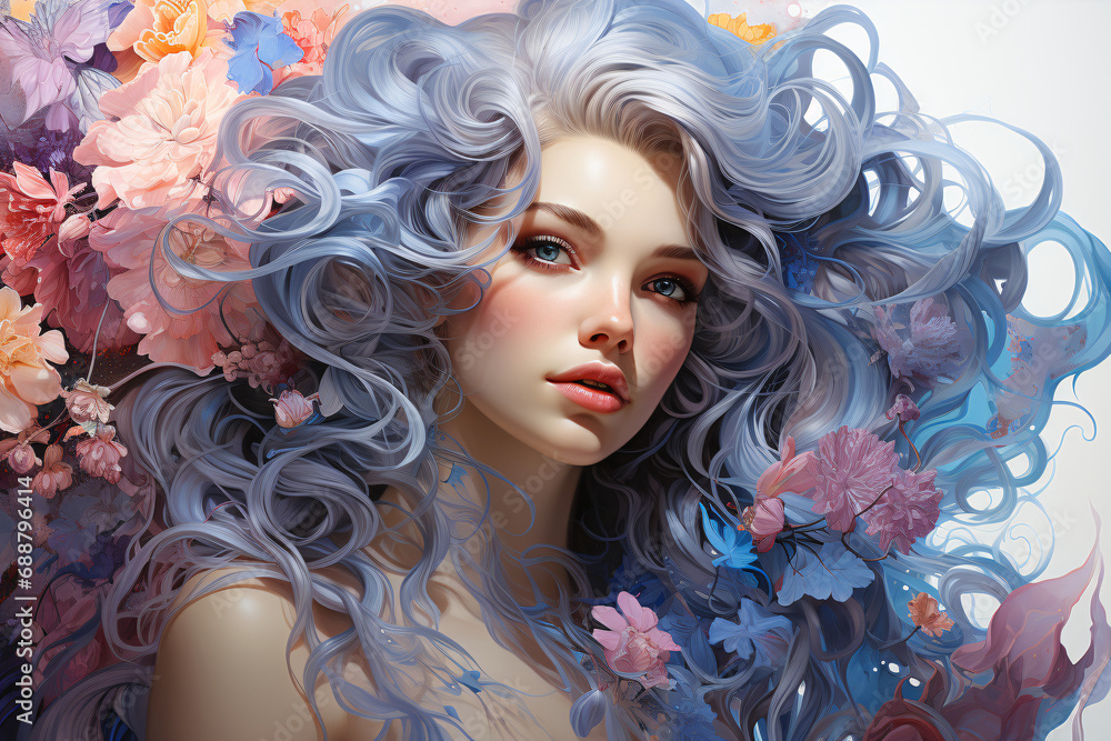 stunningly beautiful young woman, girl, with flowing curly hair. a feminine image of purity and youth in lilac-pink tones. stunningly beautiful young woman, girl, with flowing curly hair. a feminine image of purity and youth in lilac-pink tones.