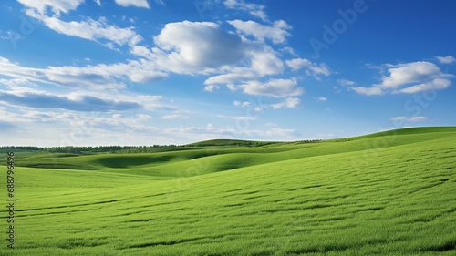 the green fields of the countryside under a blue sky