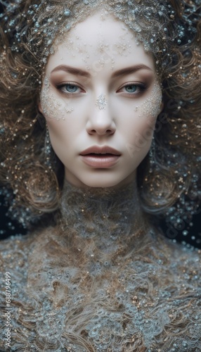 The woman s face and shoulders are covered with spores of Mushrooms and flowers