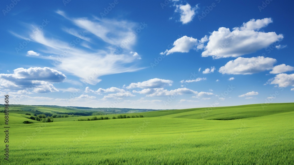 the green fields of the countryside under a blue sky