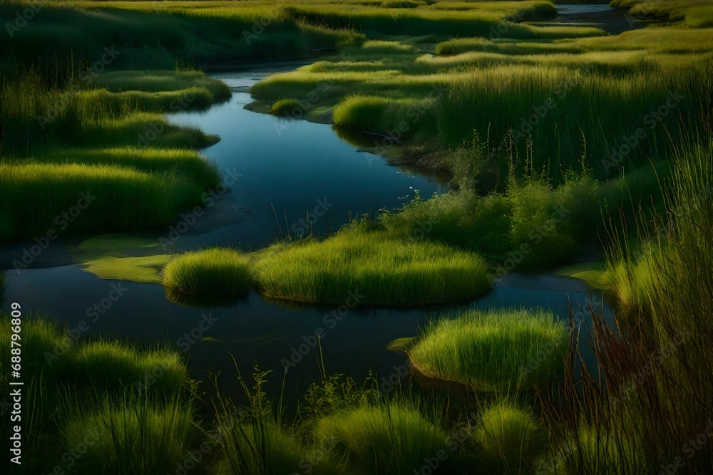 A tranquil boreal wetland with a meandering stream and water-loving plants