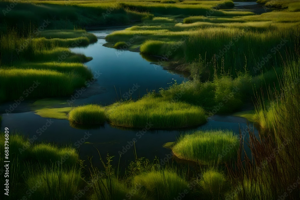 A tranquil boreal wetland with a meandering stream and water-loving plants A tranquil boreal wetland with a meandering stream and water-loving plants