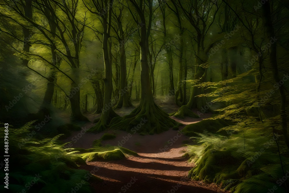 The play of light and shadow within the heart of an ancient woodland