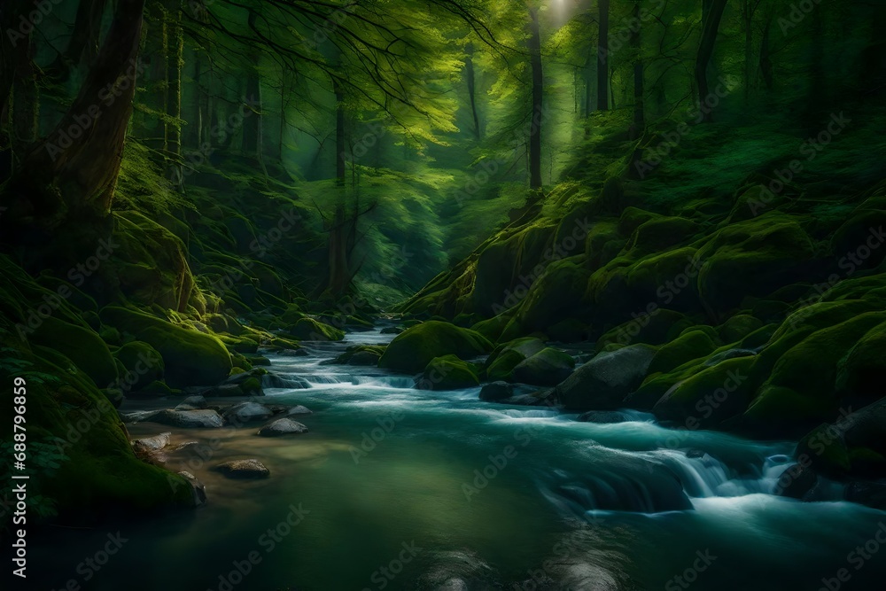 A pristine river winding through an untouched, centuries-old forest