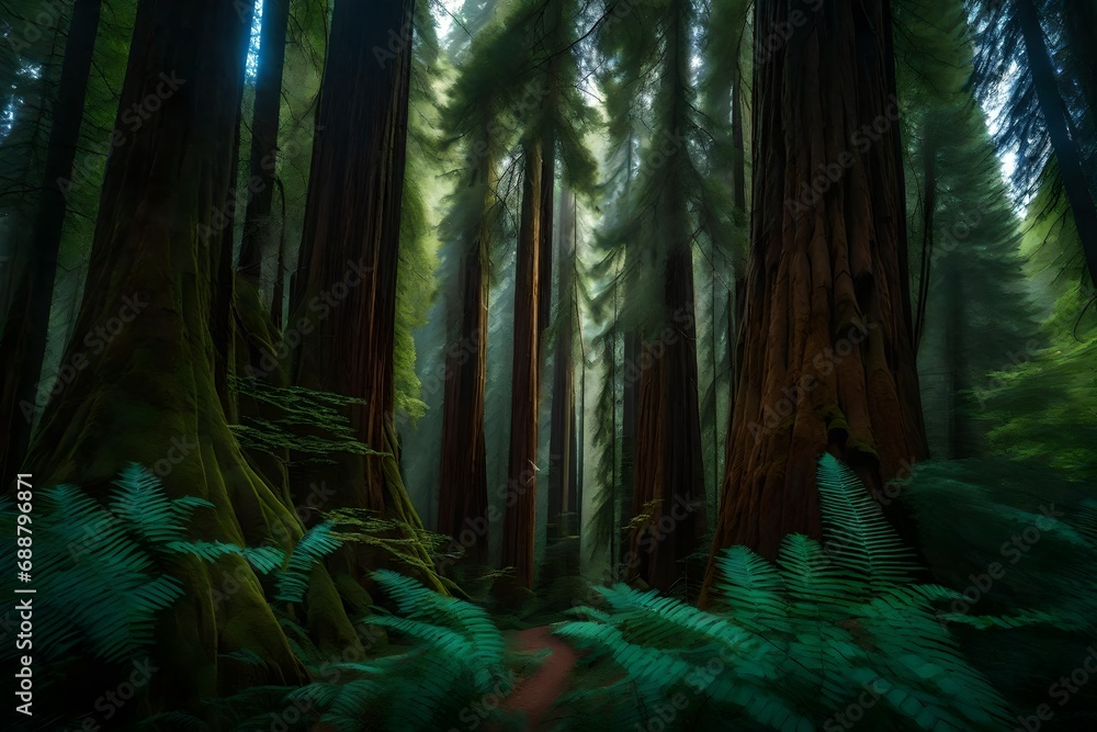 The primeval grandeur of towering redwoods in an ancient forest
