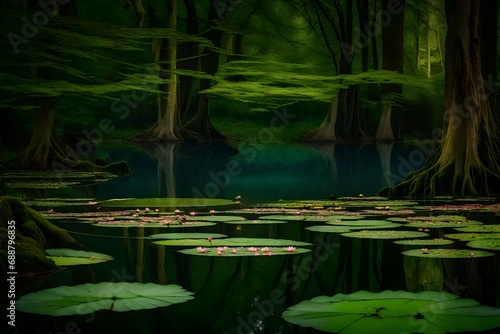 An enigmatic forest pond with water lilies beneath the canopy of ancient trees
