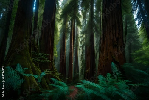 The primeval grandeur of towering redwoods in an ancient forest